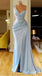 Light Blue Mermaid One Shoulder Beaded Evening Gown Maxi Long Evening Party Prom Dresses with Side Slit,MB769