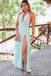 Halter Mint Green Plunging Evening Gown Maxi Long Evening Party Prom Dresses With Slit,MB629