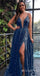 Sparkle Blue Spaghetti Straps A-line Plunging Evening Gown Maxi Long Evening Party Prom Dresses,MB812