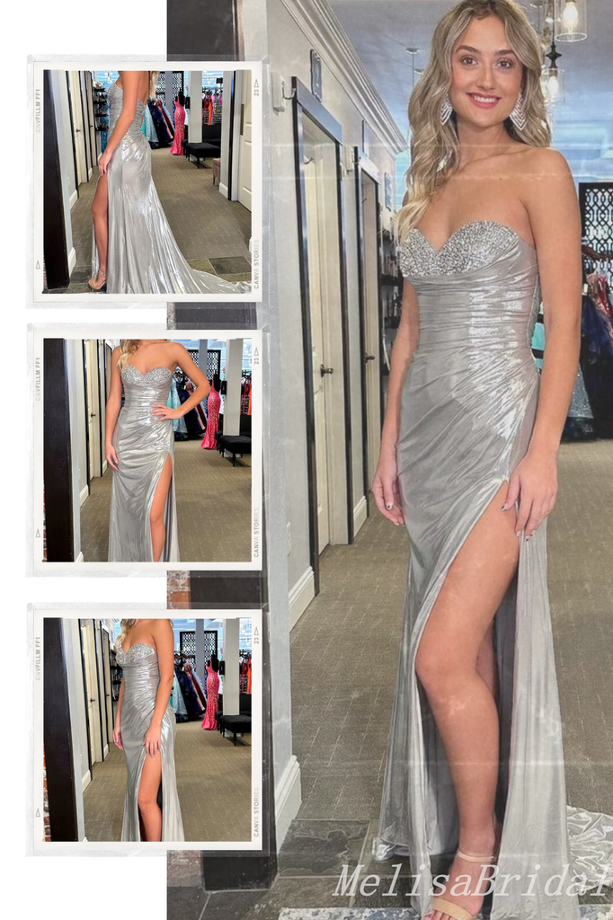 Sheath Silver Sparkle Strapless Sweetheart Evening Gown Maxi Long Evening Party Prom Dresses With Slit ,MB607