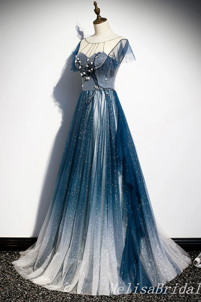 Stylish Embroidery Illusion Lace Up Back A-Line Evening Gown Maxi Long Evening Party Prom Dresses,MB683