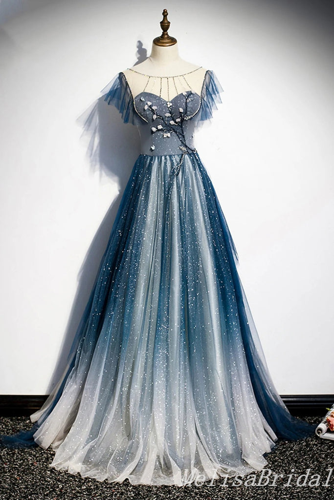 Stylish Embroidery Illusion Lace Up Back A-Line Evening Gown Maxi Long Evening Party Prom Dresses,MB683