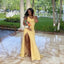 Yellow Sheath Spaghetti Straps V Neck Evening Gown Maxi Long Evening Party Prom Dresses With Slit,MB685