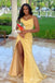 Yellow Sheath Spaghetti Straps V Neck Evening Gown Maxi Long Evening Party Prom Dresses With Slit,MB685