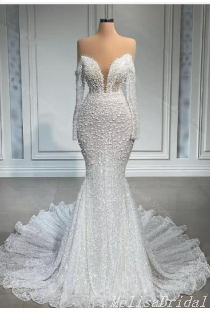 White Plunging Ruffles Mermaid Strapless Long Sleeves Evening Gown Long Evening Party Prom Dresses,MB869