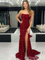Sparkle Strapless Red Mermaid Evening Gown Maxi Long Evening Party Prom Dresses With Slit,MB686