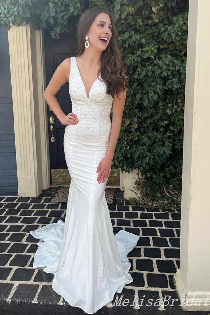 White Plunging Mermaid Beaded Evening Gown Maxi Long Evening Party Prom Dresses With Trailing,MB687
