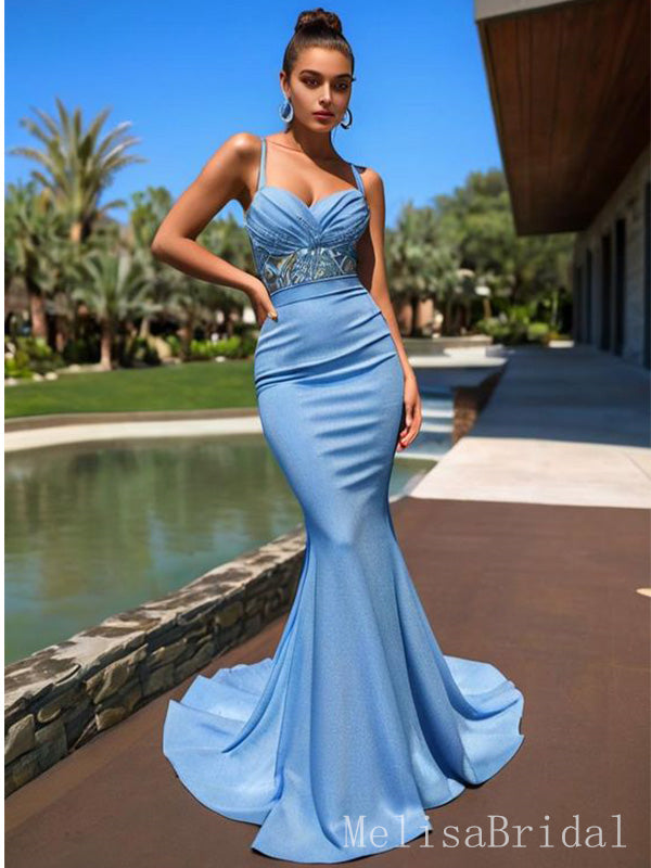 Sexy Blue Spaghetti Straps Mermaid Side Slit Pleats Long Evening Prom Dresses,MB09