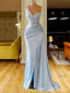 Light Blue Mermaid One Shoulder Beaded Evening Gown Maxi Long Evening Party Prom Dresses with Side Slit,MB769