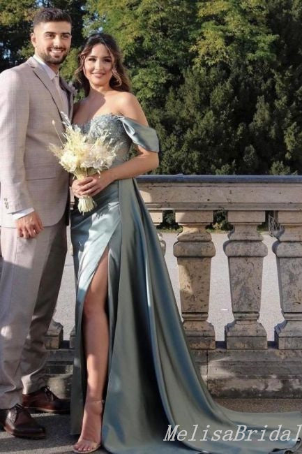 Charming Off-the-shoulder Green Sweetheart Mermaid Evening Gown Long Formal Dresses Prom Dresses with High Slit,MB372