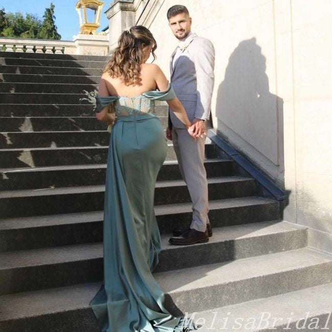 Charming Off-the-shoulder Green Sweetheart Mermaid Evening Gown Long Formal Dresses Prom Dresses with High Slit,MB372