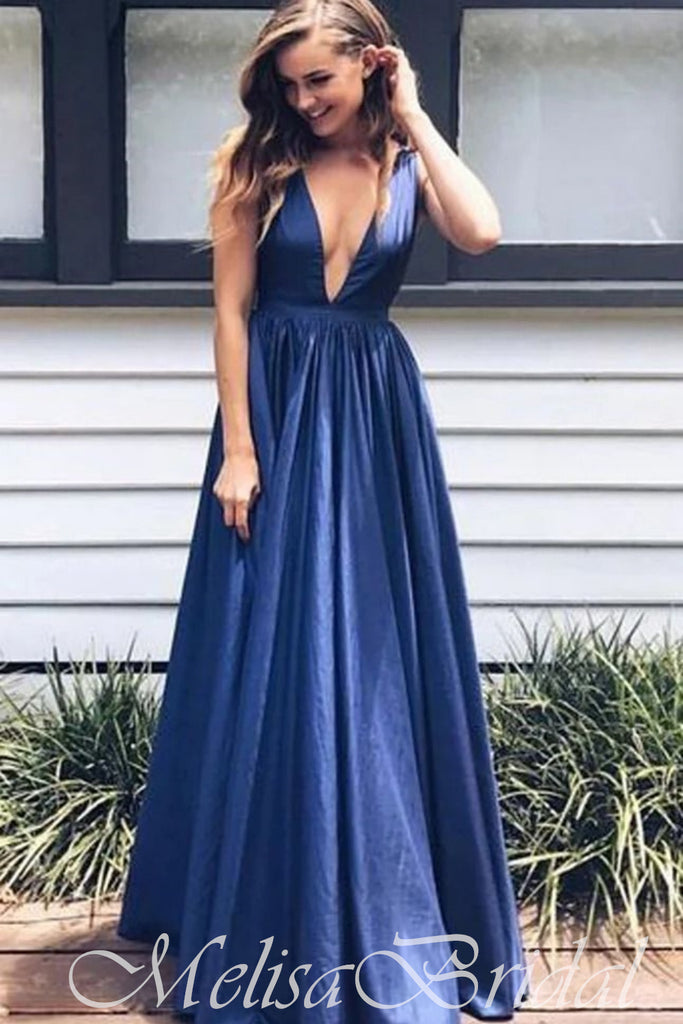 Navy Blue Plunging Evening Gown Maxi Long Evening Party Prom Dresses,MB630
