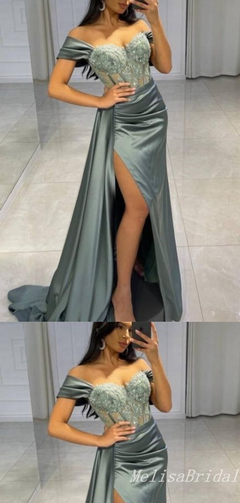 Charming Off-the-shoulder Green Sweetheart Mermaid Evening Gown Long Formal Dresses Prom Dresses with High Slit,MB372