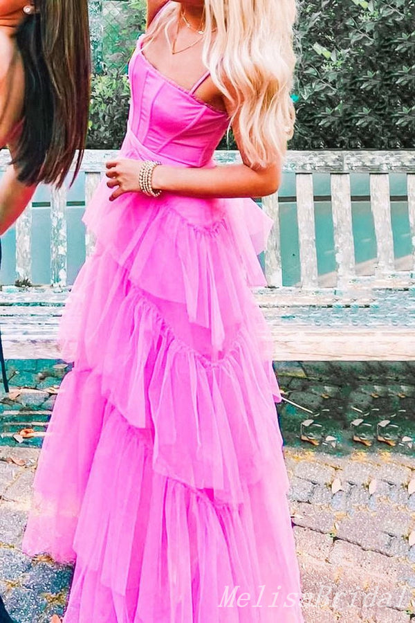 Hot Pink A-line Fluffy Evening Gown Long Evening Party Prom Dresses ,MB877