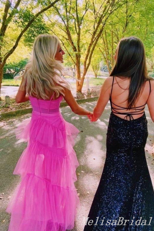 Hot Pink A-line Fluffy Evening Gown Long Evening Party Prom Dresses ,MB877