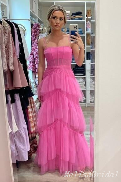 Hot Pink A-line Fluffy Evening Gown Long Evening Party Prom Dresses ,MB877