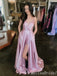 Pink Spaghetti Straps A-Line Evening Gown Maxi Long Evening Party Prom Dresses With Side Slit,MB689