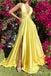 Yellow Plunging Criss Cross A-Line Evening Gown Maxi Long Evening Party Prom Dresses With Side Slit,MB690