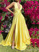 Yellow Plunging Criss Cross A-Line Evening Gown Maxi Long Evening Party Prom Dresses With Side Slit,MB690