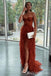Burnt-orange Strapless Sweetheart Tiered Evening Gown Long Evening Party Prom Dresses with Slit,MB882