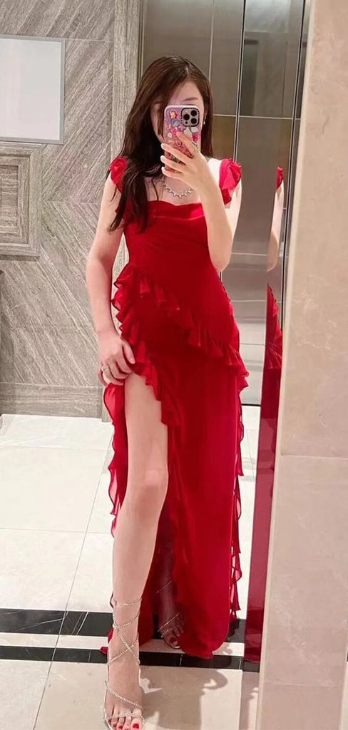 Sexy Red Spaghetti Straps Mermaid Ruffles Side Slit Long Evening Prom Dresses,MB08