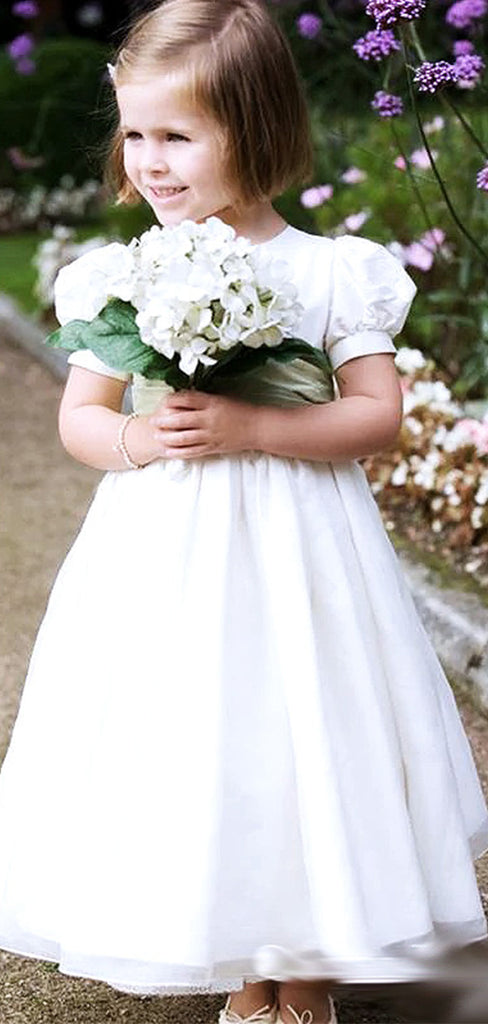 Cute Round Neck Short Sleeves Organza A-Line Long Cheap Flower Girl Dresses,FG06
