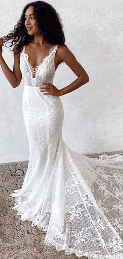 Charming V-Neck Lace Mermaid Long Cheap Wedding Dresses, WD12