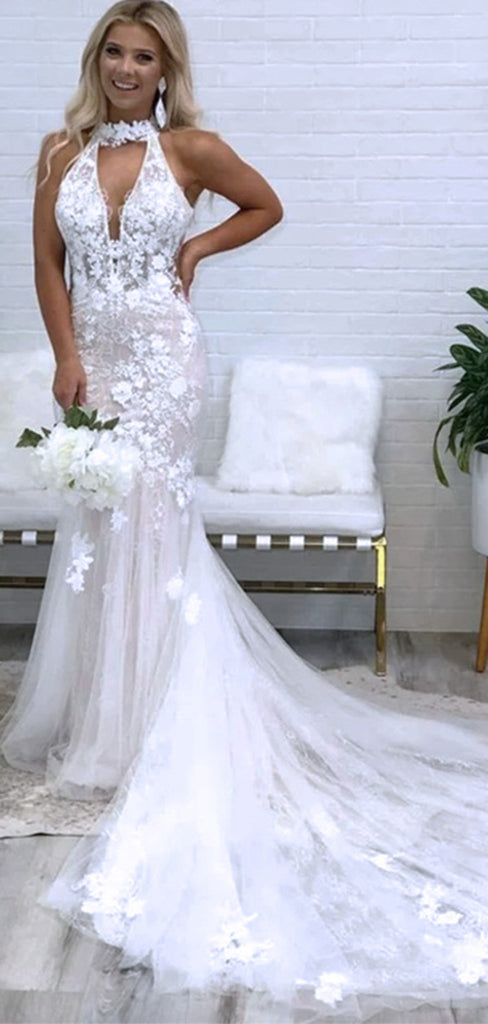 Elegant Halter Tulle Applique Mermaid Long Cheap Wedding Dresses,WD13
