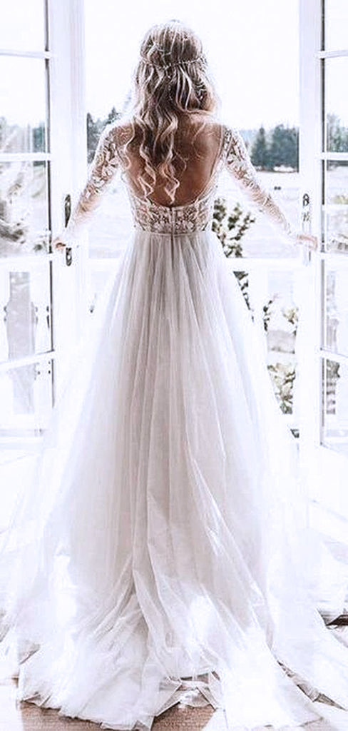 Elegant White Long Sleeves Lace Appliques Illusion Cheap A- Line Wedding Dresses, WD02