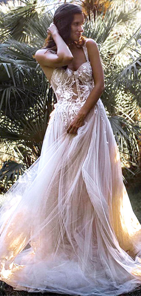 Elegant Spaghetti Strap Lace Appliqued Tulle A-Line Long Cheap Wedding Dresses, WD09