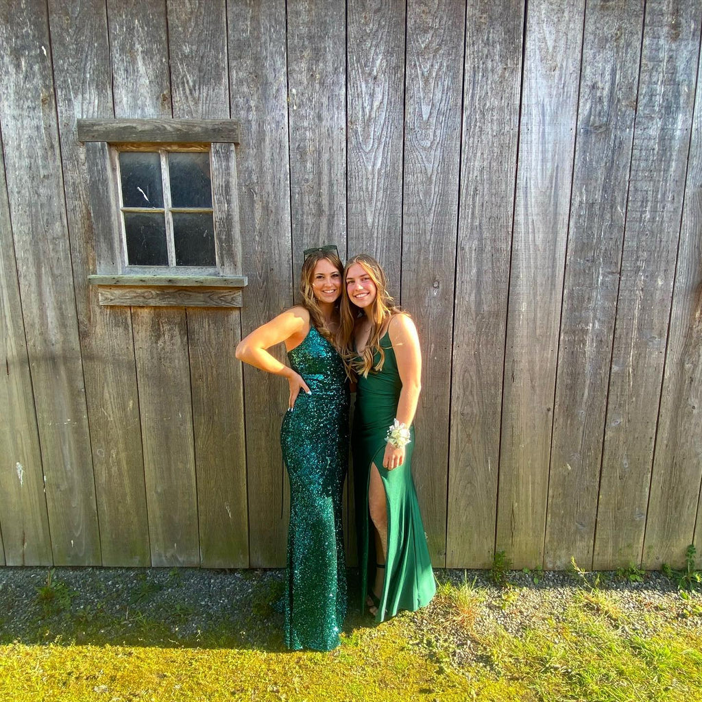 Elegant Green Spaghetti Strap Side Slit Sequin Mermaid Evening Long Prom Dresses,MB64