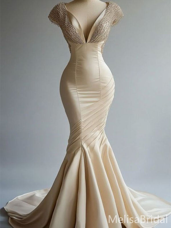 Ivory Mermaid V-neck Cap Sleeve Long Wedding Dresses  ,WD78