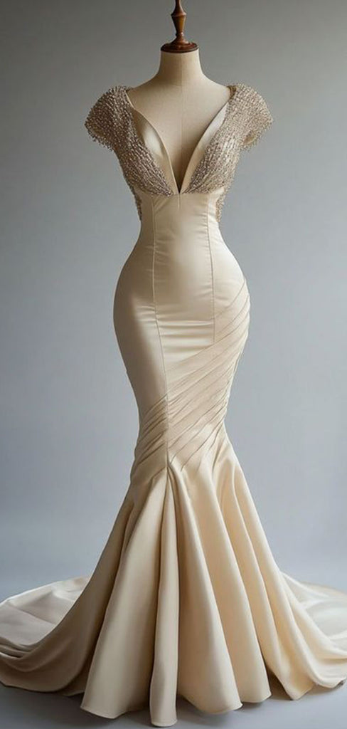 Ivory Mermaid V-neck Cap Sleeve Long Wedding Dresses  ,WD78