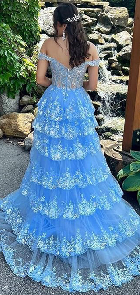 Elegant Blue Off Shoulder A-line Sequins Ruffles Side Slit Lace Up Back Long Prom Dresses,MB02