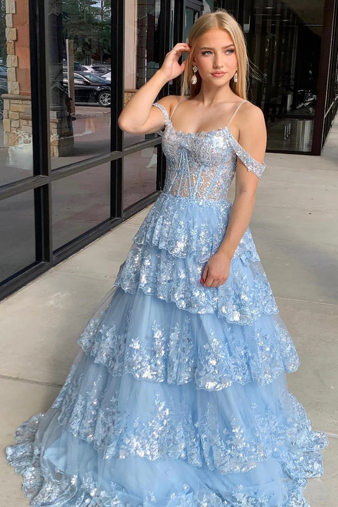 Elegant Blue Off Shoulder A-line Sequins Ruffles Side Slit Lace Up Back Long Prom Dresses,MB02