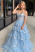 Elegant Blue Off Shoulder A-line Sequins Ruffles Side Slit Lace Up Back Long Prom Dresses,MB02