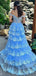 Elegant Blue Off Shoulder A-line Sequins Ruffles Side Slit Lace Up Back Long Prom Dresses,MB02