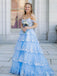 Elegant Blue Off Shoulder A-line Sequins Ruffles Side Slit Lace Up Back Long Prom Dresses,MB02