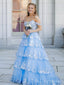 Elegant Blue Off Shoulder A-line Sequins Ruffles Side Slit Lace Up Back Long Prom Dresses,MB02