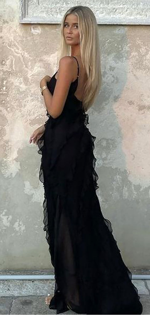 Sexy Black Spaghetti Straps Ruffles A-Line Long Evening  Prom Dresses,MB03