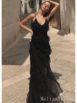 Sexy Black Spaghetti Straps Ruffles A-Line Long Evening  Prom Dresses,MB03