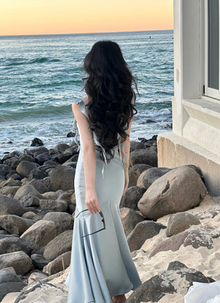 Elegant Light Blue Spaghetti Straps Mermaid Long Evening  Prom Dresses,MB05