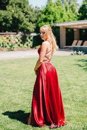 Sexy Red Spaghetti Straps A-Line Lace Up Back Evening Gown Maxi Long Formal Dresses Prom Dresses With Side Slit ,MB477