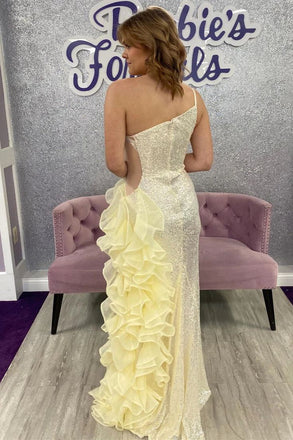 Sexy One Shoulder Spaghetti Straps Tulle Ruffles Side Slit Floor Length Mermaid Evening Gown Prom Dresses,MB213