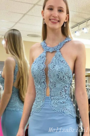 Sexy Light Blue Appliques Mermaid Open Back A-line Evening Gown Long Prom Dresses,MB287