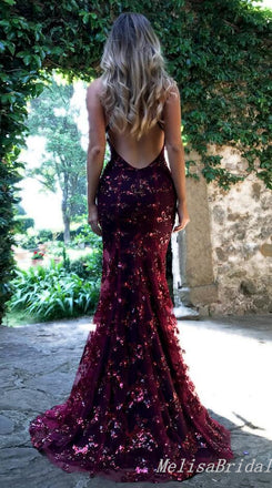 Sexy Open Back Lace Appliques V-Neck Mermaid Evening Gown Maxi Long Formal Dresses Prom Dresses  ,MB422