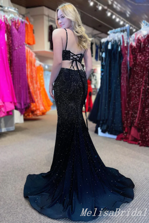 Black Sparkle Spaghetti Straps Lace Up Back Evening Gown Maxi Long Formal Dresses Prom Dresses With High Slit,WGP952,MB542