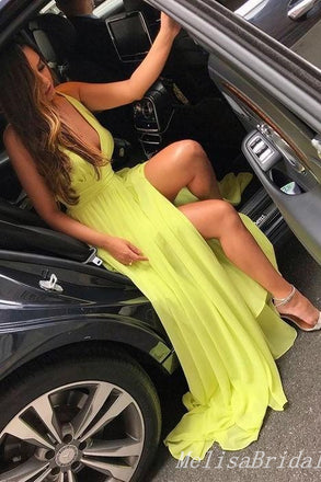 Green Plunging A-line Fluffy Evening Gown Maxi Long Evening Party Prom Dresses with Slit ,MB762