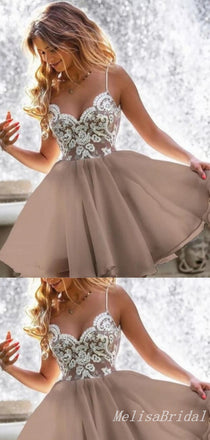 Gorgeous Elegant A-line Lace Appliques Spaghetti Straps Short Homecoming Dresses with Pleats, HD274