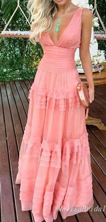Sexy Enchanting Plunging A-line Evening Gown Long Prom Dresses with Pleats,MB271